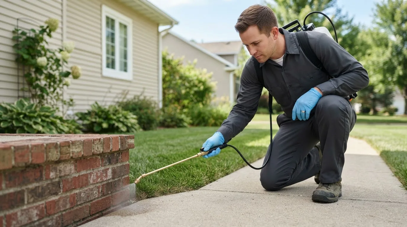 Pest control technician treating a home near Shirley, IN