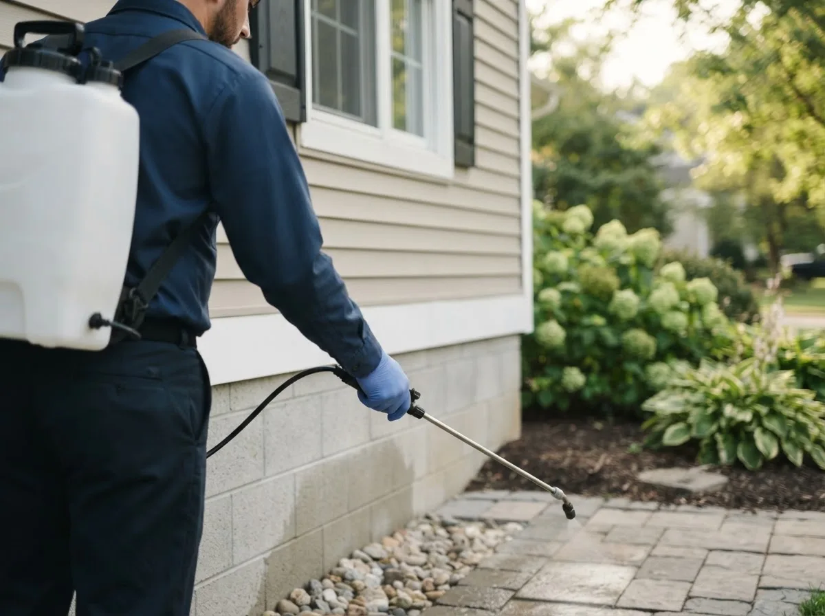 Pest control technician inspecting a home in Shirley, IN